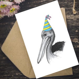 Greeting Card - Pelican wearing a party hat