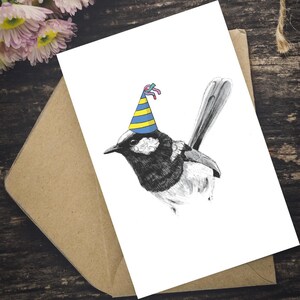 Greeting Card - Superb Wren wearing a party hat