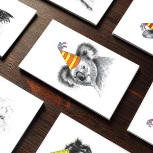 Greeting Card Pack of 6 - Australian animals wearing a party hat