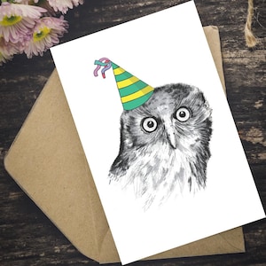 Greeting Card - Powerful Owl wearing a party hat
