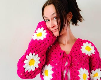 Crochet Blumen Oma quadratische Strickjacke Pullover Top