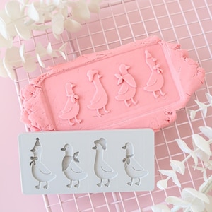 Puede incluir: Un molde rectangular de silicona gris con cuatro diseños de patos distintos, cada uno con accesorios diferentes como un gorro de fiesta o una bufanda. Debajo, una impresión de arcilla rosa muestra las cuatro figuras en relieve.