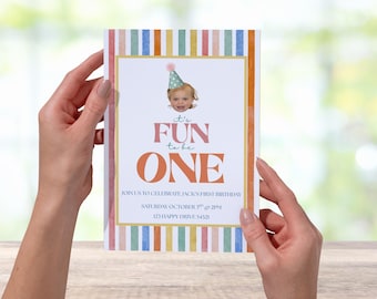Colorful First Birthday Invitation, Girls and Boys Primary Color Vintage Birthday Invitation, Digital Canva Download, Fun To Be One