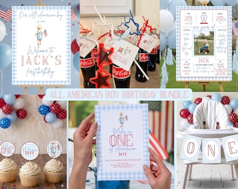 All American Boy Birthday Bundle Template, 4th of July (Digital Download)