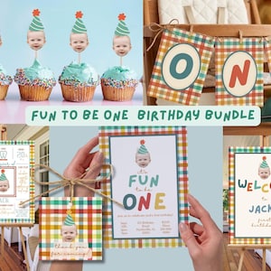 Puede incluir: Un paquete de fiesta de cumpleaños con cupcakes, pancartas y letreros. Los cupcakes tienen caras de bebé con sombreros de fiesta. Las pancartas deletrean "ONE". Los letreros dicen "FUN TO BE ONE", "WELCOME to JACK'S first birthday!" y "It's FUN to be ONE".