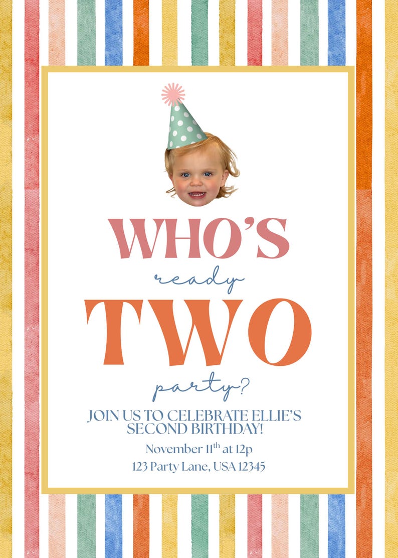 May include: A colorful birthday party invitation with a child wearing a party hat. The text reads "WHO'S ready TWO party?" and invites guests to celebrate Ellie's second birthday on November 11th at 12 p.m.