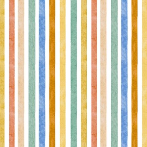 May include: A seamless pattern featuring vertical stripes in various colors. The stripes alternate between white and shades of yellow, orange, green, blue, and brown. The design has a textured, watercolor-like appearance.