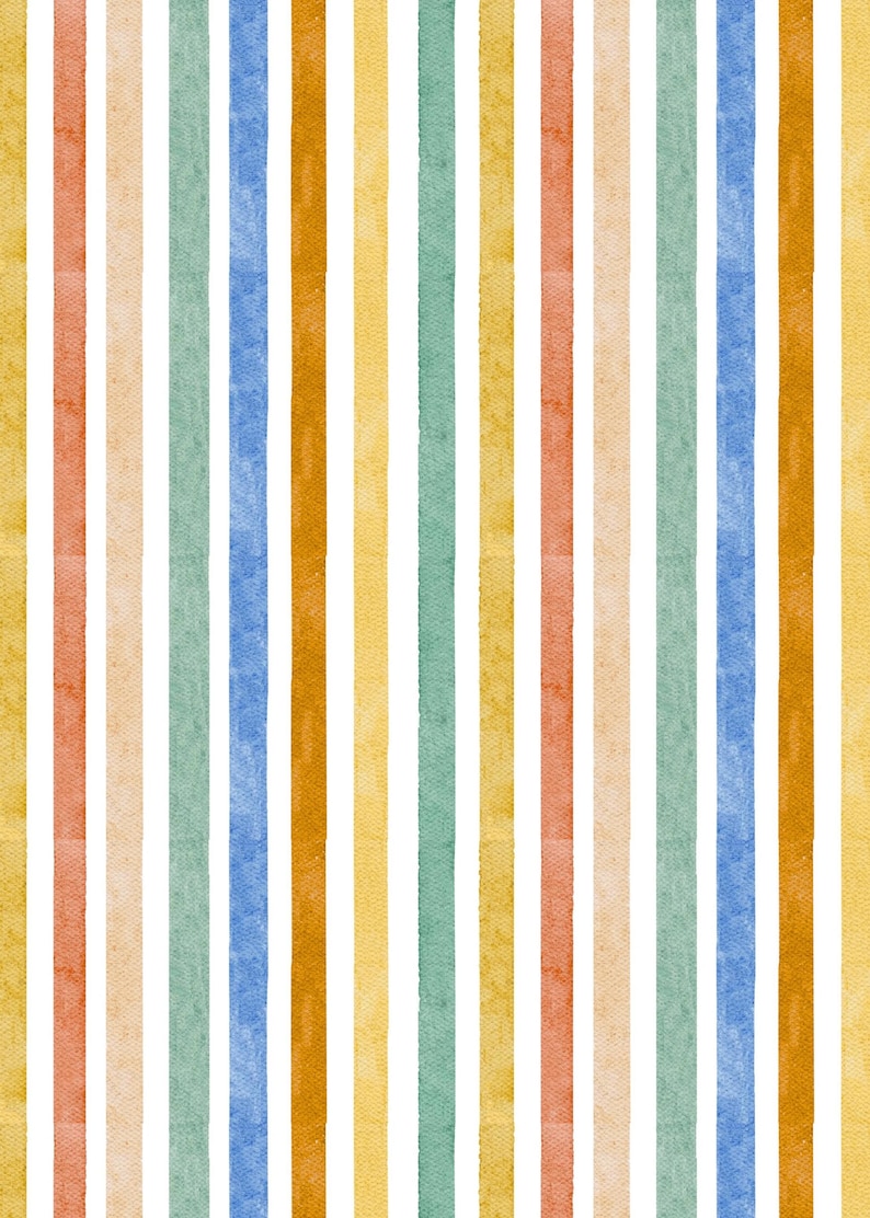 May include: A seamless pattern featuring vertical stripes in various colors. The stripes alternate between white and shades of yellow, orange, green, blue, and brown. The design has a textured, watercolor-like appearance.