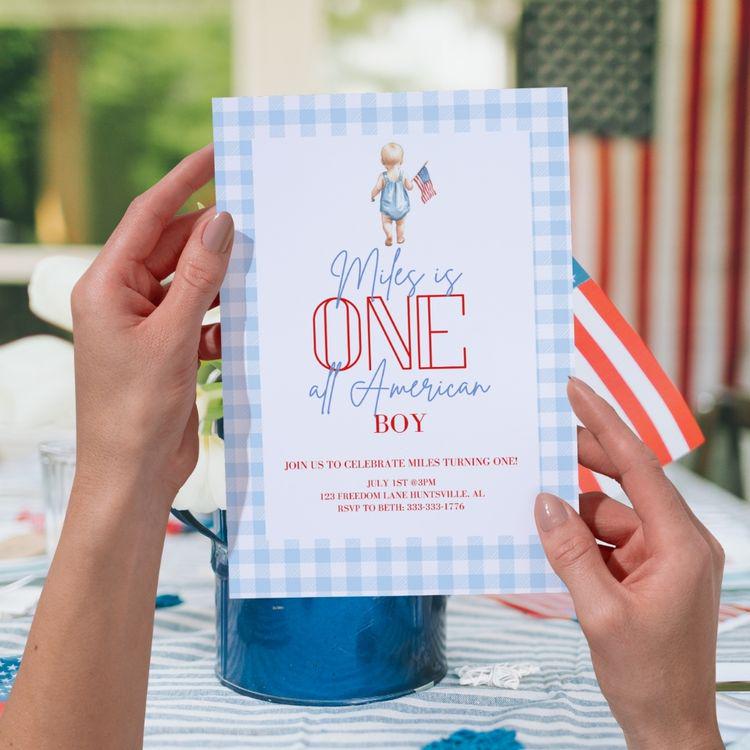 One Boy America Birthday Invitation Template, One All American Boy, Boy 4th of July Birthday, American Birthday Invitation