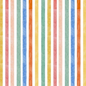 May include: A colorful striped pattern featuring vertical bands of various colors including yellow, red, pink, green, blue, and orange. The stripes are set against a white background, creating a vibrant and textured design.