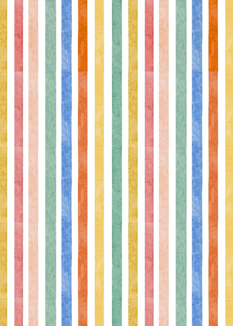 May include: A colorful striped pattern featuring vertical bands of various colors including yellow, red, pink, green, blue, and orange. The stripes are set against a white background, creating a vibrant and textured design.
