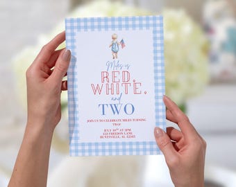 American Boy, Red White and Two Birthday Invitation Template, Boy America Patriotic Two Invitation Template