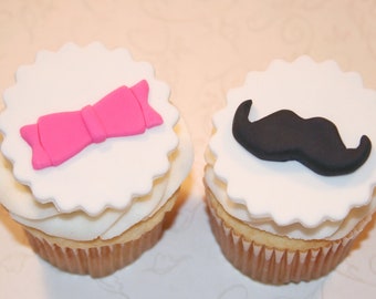 Fondant cupcake toppers Gender Reveal Party - Mustache Bow