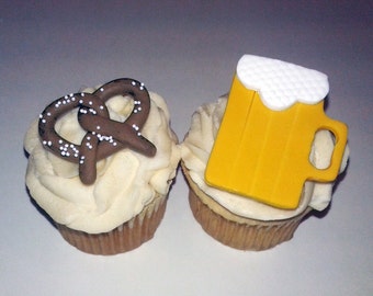 Fondant cupcake toppers Beer fondant , Pretzel fondant , 40th birthday