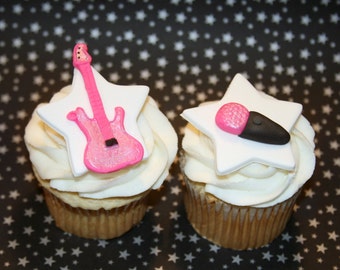 Fondant cupcake toppers Guitar and Microphone, Rock and Roll, Rocker girl