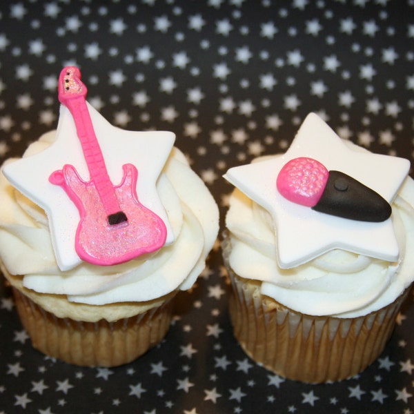 Fondant cupcake toppers Guitar and Microphone, Rock and Roll, Rocker girl