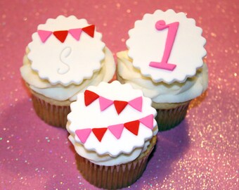 Fondant cupcake toppers Pennant Banner Bunting Birthday Age Initial