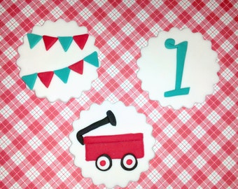 Fondant cupcake toppers Pennant Banner Birthday,  Red Wagon