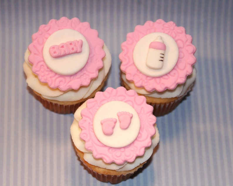Fondant Cupcake Toppers Baby Shower Footprints Baby Bottle Etsy