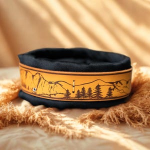 Nature Dog Collar – Light Brown Leather Slip, Padded, Coat-Saving, Scenic Mountain Pine Design