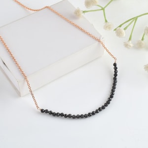 Natural Black Spinel Bar Necklace – Dainty Crystal Beads on Sterling Silver – Minimal Layering Jewelry, Edgy Birthstone Gift for Her