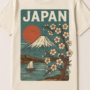 Vintage Japanese T-Shirt Mount Fuji Retro Graphic Tee, Sakura Cherry Blossom Shirt, Japan Aesthetic Travel Gift
