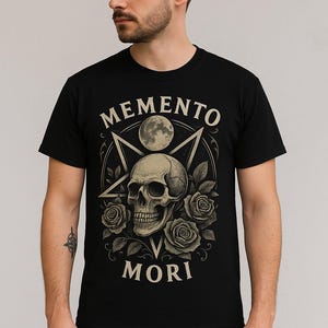 Gothic T-Shirt for Men -Memento Mori Skull and Roses -Dark Aesthetic Vintage Design, Alternative Black Shirt