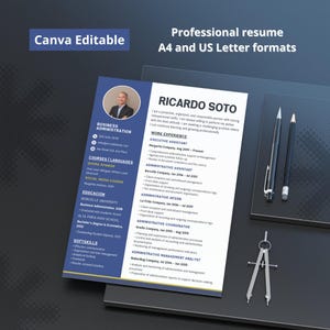 May include: A professional resume template in A4 and US Letter formats. The resume features a photo, contact information, work experience, education, and skills sections. The design includes blue accents and the text "Canva Editable."