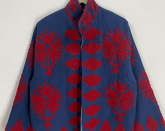 Handmade Suzani Jacket – Bohemian Embroidered Coat | Vintage Style Festival Wear | Blue & Red Ethnic Outerwear.