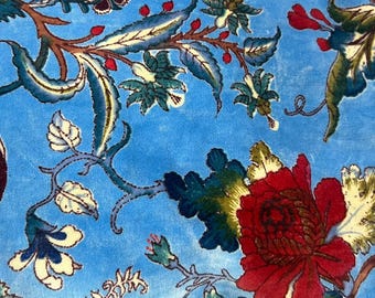 Light Blue Floral Velvet Fabric | Hand Block Printed Cotton, 44" Wide