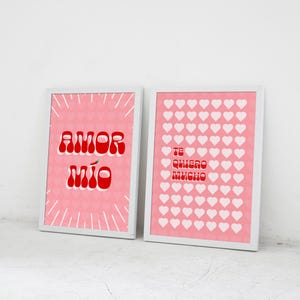 Spanish Love Wall Art Print Set – Amor Mío & Te Quiero Mucho – Pink Romantic Posters – Cute Gift for Couples or Home Decor