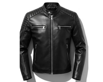 Mens Black Leather Biker Jacket | Quilted Shoulder Moto Coat | Handmade Real or Synthetic Leather Motorcycle Jacket  | Gift for him