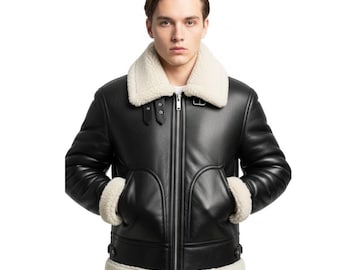 Mens Black Leather Jacket | Shearling Collar Winter Jacket | Warm Sheepskin Lined Outerwear | Gift for him