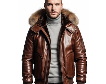 Mens Brown Leather Fur Lined Jacket | Shearling Aviator Hooded Warm Coat | Winter Outerwear | Gift for him