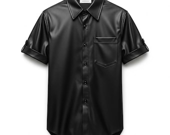 Peut inclure: Chemise noire à manches courtes en similicuir. Elle présente un col classique, une poche poitrine unique et une fermeture boutonnée. Les manches sont retroussées. La chemise est de couleur noire unie.