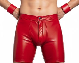 Mens Red Leather Shorts – 100% Real Lambskin Handmade Partywear Shorts, Steampunk Festival Style, LGBTQ Fashion | Gift for Him