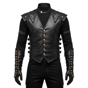 Puede incluir: Chaleco de cuero negro con botones y detalles dorados. El chaleco tiene un cuello alto y un diseño en pico. El conjunto incluye puños y guantes a juego, creando una estética steampunk o gótica.
