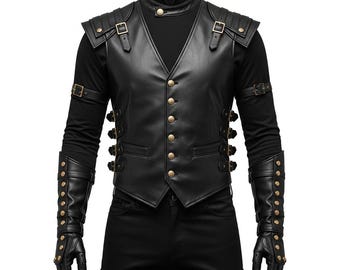 Mens Genuine Black Leather Biker Vest with Armor | Real Leather Cosplay | Customizable Motorcycle Style | Gift for Him