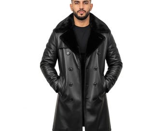 Trench da uomo in vera pelle nera al 100% - Giacca lunga in pelle fatta a mano per uomo - Cappotto dalla vestibilità classica / Regalo per lui