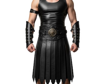Genuine Leather Cosplay Costume, Roman Spartan Outfit, LARP Festival Skirt and Vest, Gladiator Leather Kilt & Armor | Gift for Him