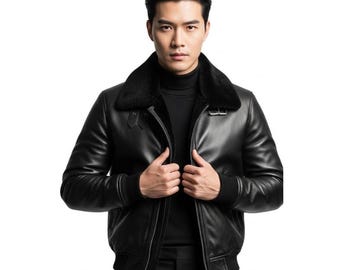 Mens Black Leather B3 Shearling Jacket | Aviator Warm Fur Lined Coat | Winter Jacket | Gift for him