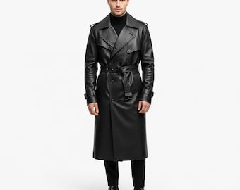 Trench da uomo in pelle nera fatto a mano - Giacca lunga classica / Cappotto di design in vera pelle / Regalo per lui