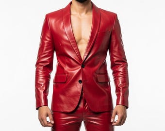 Mens Real Lambskin Red Leather Blazer Jacket | Classic Style Red Leather Coat | Perfect Gift for Him
