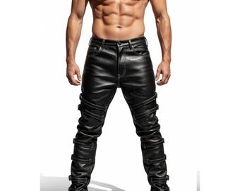 Genuine Black Leather Pants for Men – Handmade Leather Biker Pants, Personalized LGBTQ Fashion Leather Pants