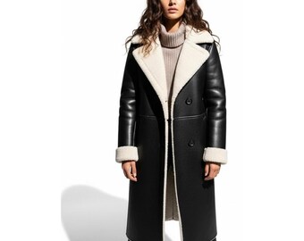 Handmade Shearling Leather Coat | Long Brown Fur Trim | Cosplay Outerwear | Custom Leather Jacket | Gift for  her