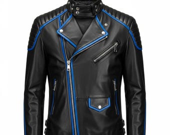Mens Leather Jacket Black and Blue Genuine Sheepskin Biker Jacket – Real Leather  Motorcycle Jacket, Handmade Cosplay Jacket | Gift for Him