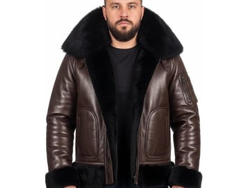 Mens Brown Leather Jacket | Shearling Collar Winter Jacket | Vintage Aviator Pilot Style Coat | Warm Sheepskin Lined Outerwear| Gift for him
