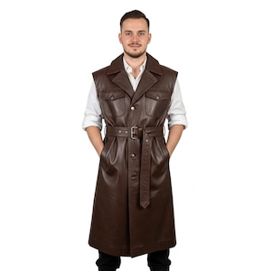 Mens Handmade Brown Leather Long Vest | Sleeveless Gothic Coat for Cosplay and Costume | Custom Fit Leather Outerwear | Gift for Him