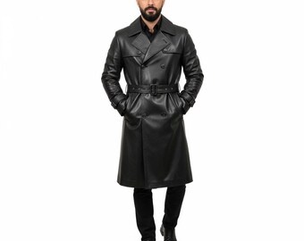 Trench coat da uomo in pelle nera fatto a mano - Giacca lunga in vera pelle / Cappotto classico da uomo / Regalo per lui