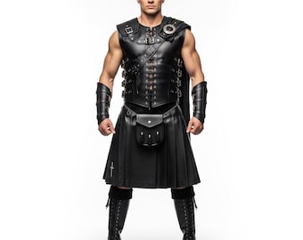 Mens Genuine Black Leather Cosplay Vest and Gladiator Kilt | Custom Armor Gear for Festivals & Cosplay | Gift for Him